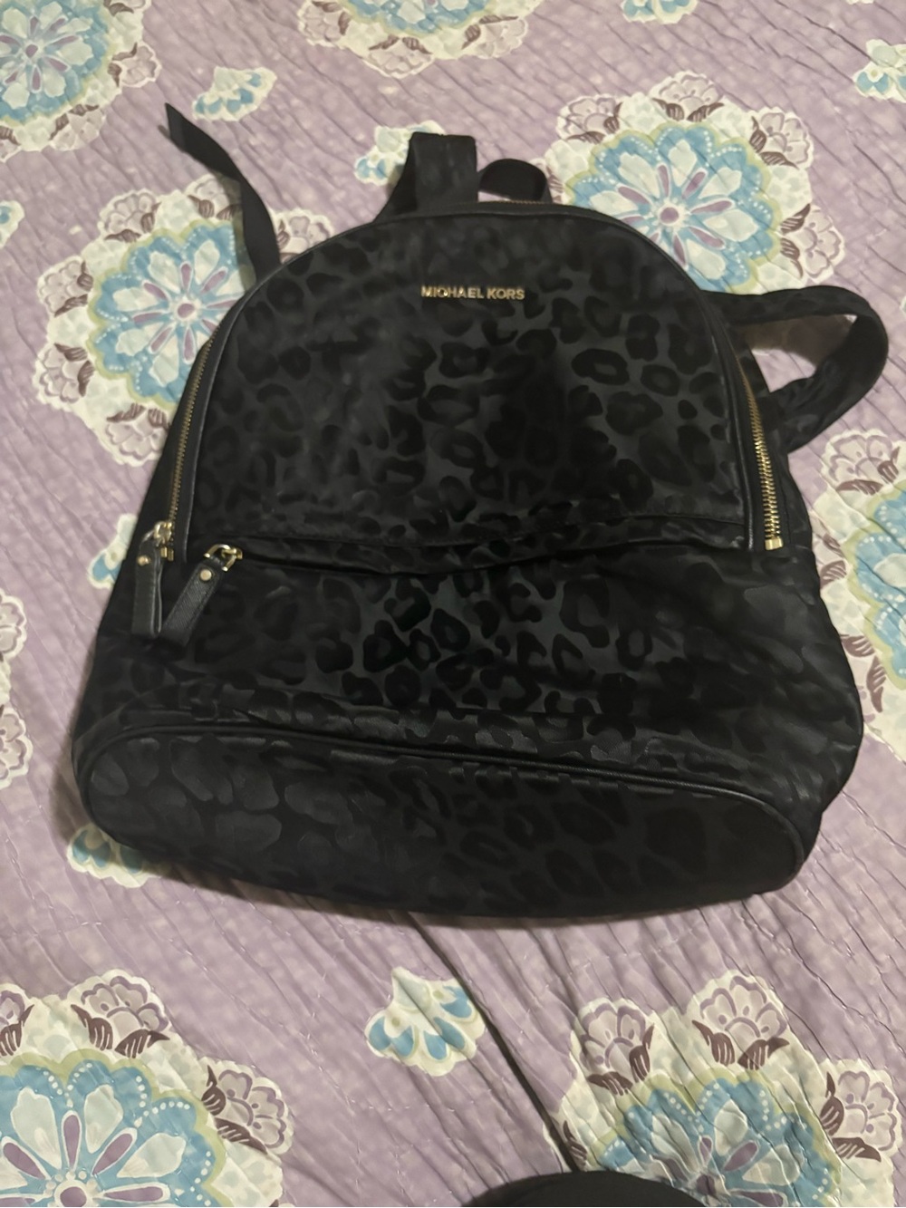 Michael Kors Black Leopard-Print Nylon Backpack with Gold Hardware